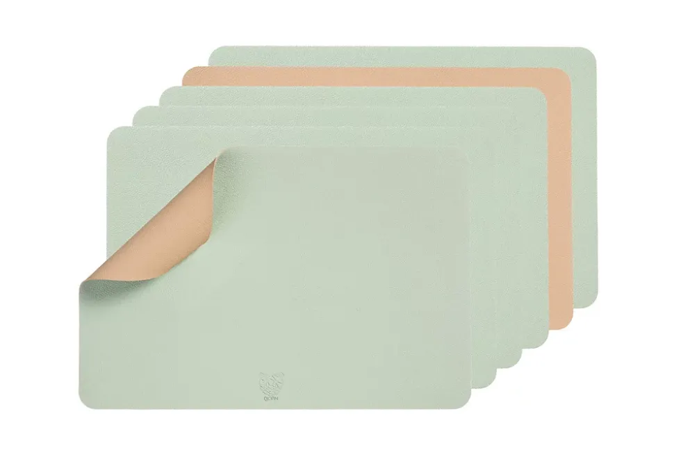 Set de table rectangulaire réversible - 6 pièces - Cuir recyclé rose pâle et vert pâle