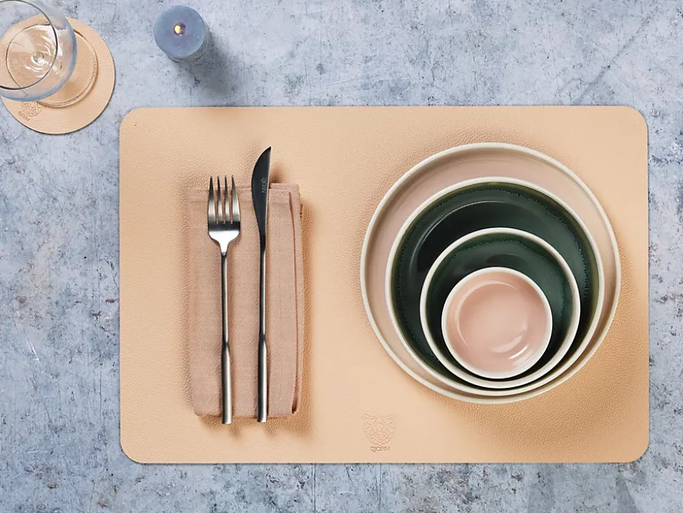 Set de table rectangulaire réversible - 6 pièces - Cuir recyclé rose pâle et vert pâle