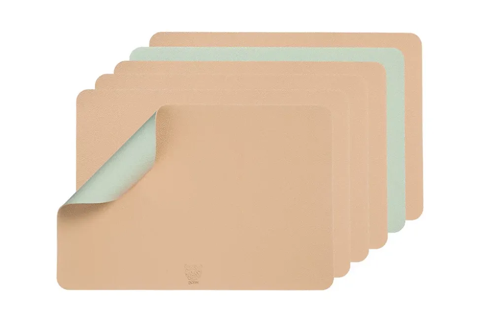 Set de table rectangulaire réversible - 6 pièces - Cuir recyclé rose pâle et vert pâle