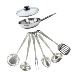 Set poêle 20 cm en inox, couvercle verre et 6 ustensiles inox Fackelmann Eterna