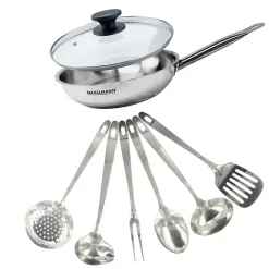 Set poêle 28 cm en inox, couvercle verre et 6 ustensiles inox Fackelmann Eterna