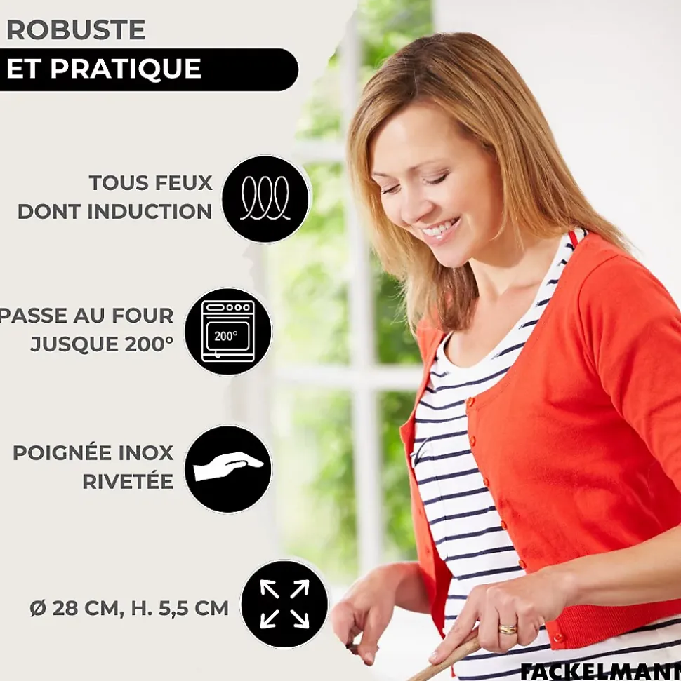 Set poêle 28 cm en inox, couvercle verre et 6 ustensiles inox Fackelmann Eterna