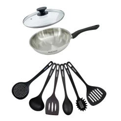 Set poêle 24 cm en inox, couvercle verre et 6 ustensiles Fackelmann Geneva