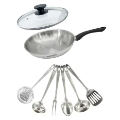 Set poêle 28 cm en inox, couvercle verre et 6 ustensiles inox Fackelmann Geneva