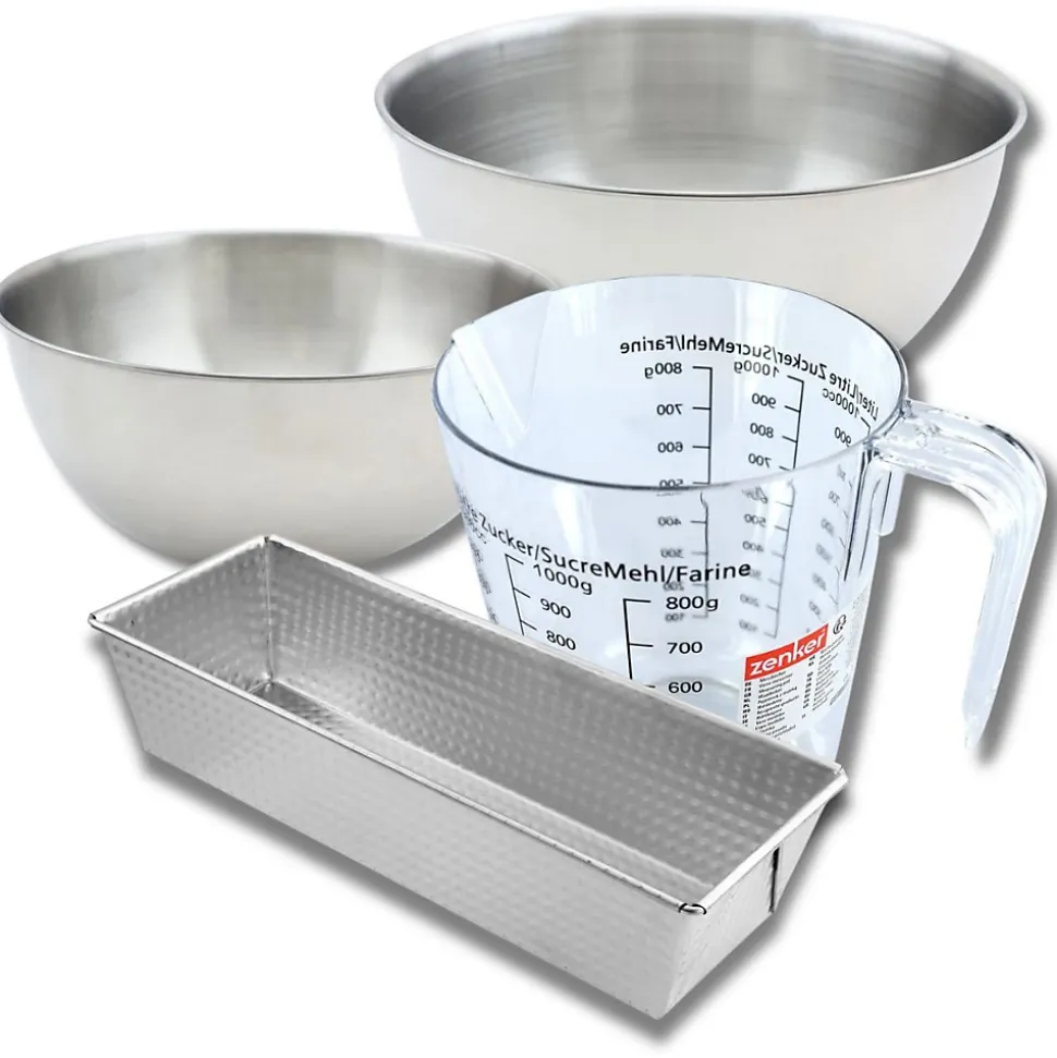 Set pâtisserie avec moule à cake acier 25 cm, 2 bols à mixer, verre mesureur et spatule Zenker