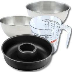 Set pâtisserie avec moule à savarin 28 cm en acier, 2 bols à mixer, verre mesureur et spatule Zenker
