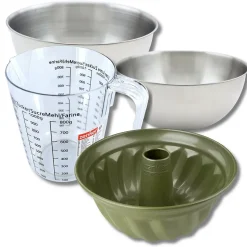 Set pâtisserie avec moule à kouglof 25 cm revêtu cire de carnauba, 2 bols à mixer, verre mesureur et spatule Zenker