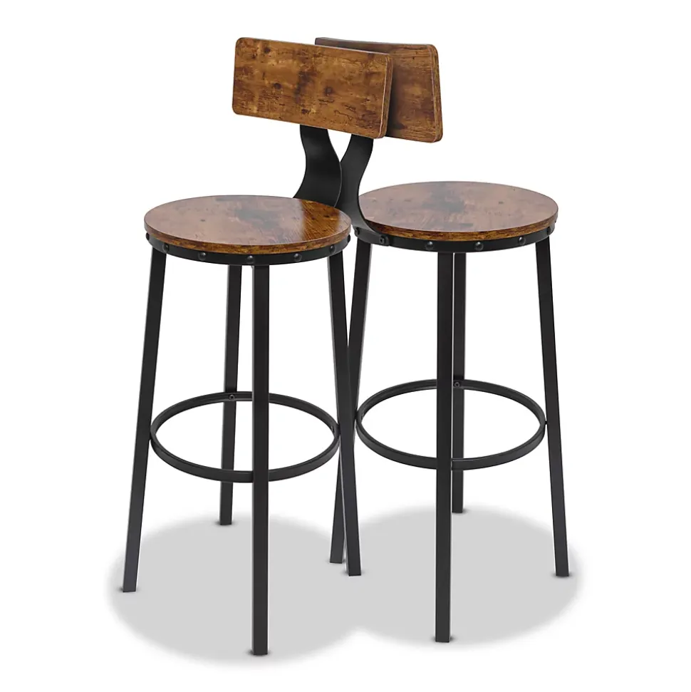 Shelby - Lot de 2 tabourets hauts, tabouret de bar avec dossier de style industriel, bois brun