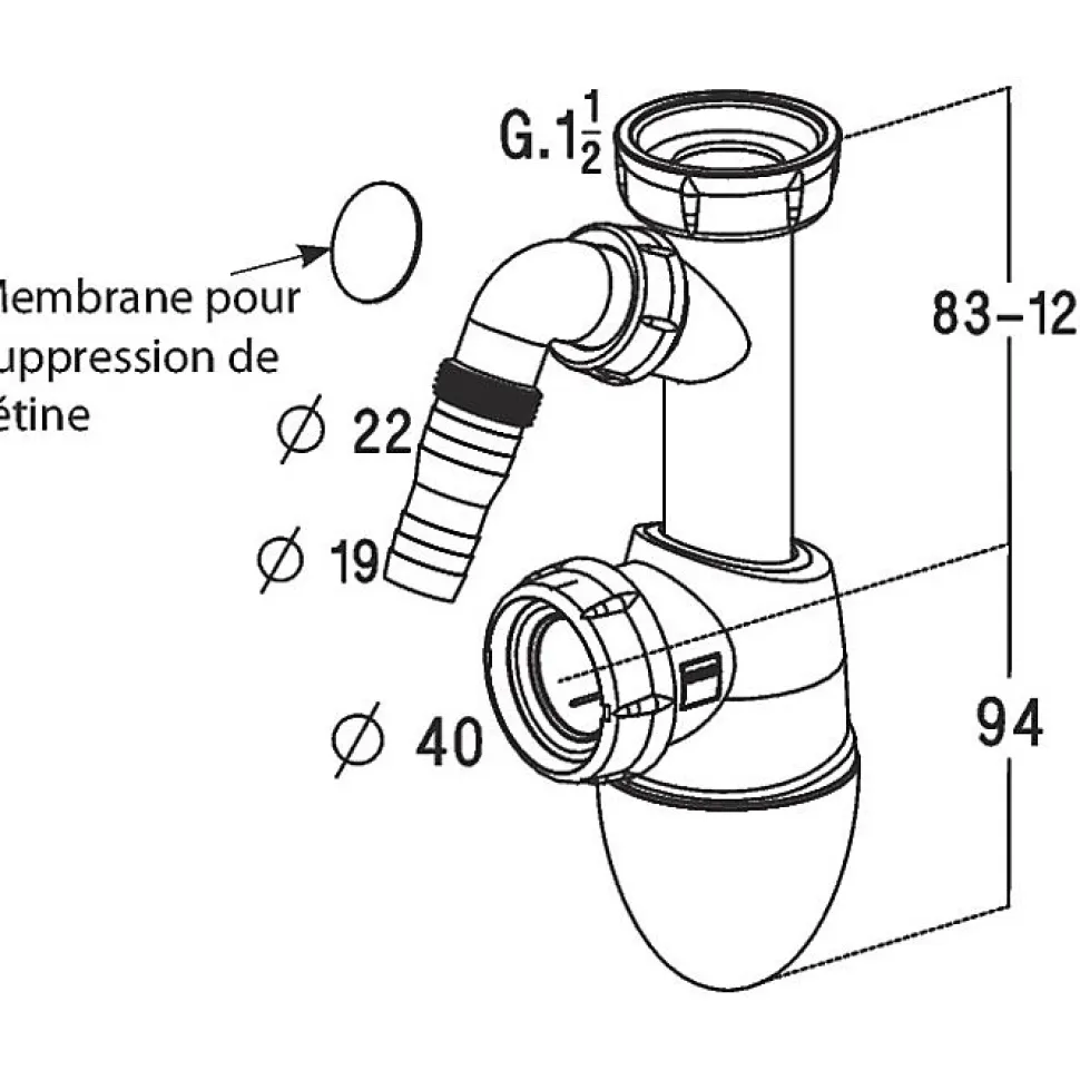 Siphon d'évier avec prise M.A.L - 1'1/2 - Diamètre 40 mm - Easyphon - Nicoll