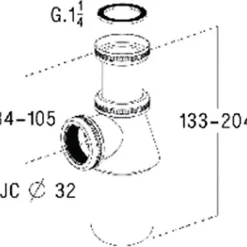 Siphon laiton - Diamètre entrée: 32 mm - Diamètre sortie: 32 mm -Garde d'eau : 50 mm - Hauteur réglable : 133- 204 mm