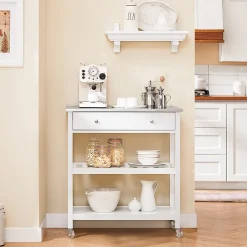 SoBuy Desserte de Cuisine Roulante avec Îlot Central, Plateau Inox, Tiroirs et Étagères