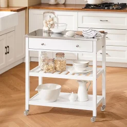 SoBuy Desserte de Cuisine Roulante avec Îlot Central, Plateau Inox, Tiroirs et Étagères