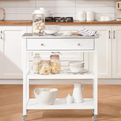 SoBuy Desserte de Cuisine Roulante avec Îlot Central, Plateau Inox, Tiroirs et Étagères
