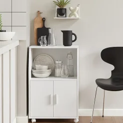 SoBuy Desserte de Cuisine Roulante avec Portes, Étagère Réglable et Compacte pour Micro-Ondes, Blanc