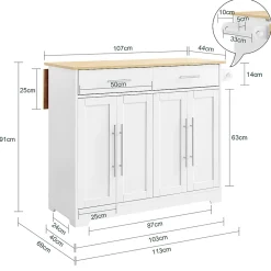 SoBuy Desserte de Cuisine avec Plan de Travail Extensible, 2 Tiroirs, Étagères Réglables, Blanche