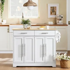 SoBuy Desserte de Cuisine avec Plan de Travail Extensible, 2 Tiroirs, Étagères Réglables, Blanche