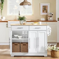 SoBuy Desserte de Cuisine avec Plan de Travail Extensible, 2 Tiroirs, Étagères Réglables, Blanche