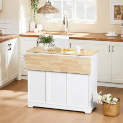 SoBuy Desserte de Cuisine avec Plan de Travail Extensible, 2 Tiroirs, Étagères Réglables, Blanche