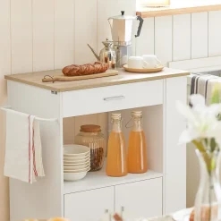 SoBuy FKW113-WN Desserte roulante multifonctionnelle avec étagère latérale, portes, tiroirs et porte-torchon - Blanc