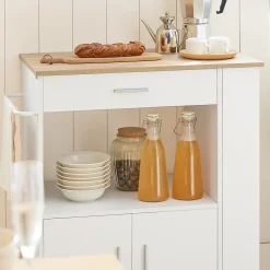 SoBuy FKW113-WN Desserte roulante multifonctionnelle avec étagère latérale, portes, tiroirs et porte-torchon - Blanc