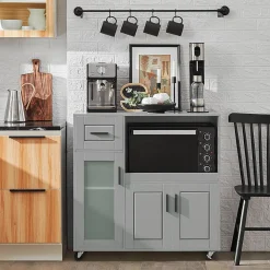 SoBuy FSB78-HG Meuble Micro-Ondes avec 3 Portes, 1 Tiroir et Roulettes - Blanc