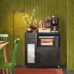 SoBuy FSB78-SCH Meuble Micro-Ondes avec 3 Portes, 1 Tiroir et Roulettes - Armoire de Cuisine Multi-Rangement Blanc