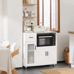 SoBuy FSB78-W Meuble Micro-Ondes avec 3 Portes, 1 Tiroir et Roulettes - Armoire de Cuisine Multi-Rangement Blanc