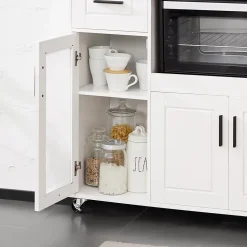 SoBuy FSB78-W Meuble Micro-Ondes avec 3 Portes, 1 Tiroir et Roulettes - Armoire de Cuisine Multi-Rangement Blanc