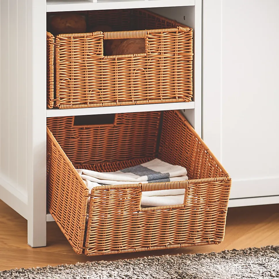 SoBuy îlot central de cuisine avec porte-bouteilles, 2 tiroirs, 2 portes et paniers en rotin