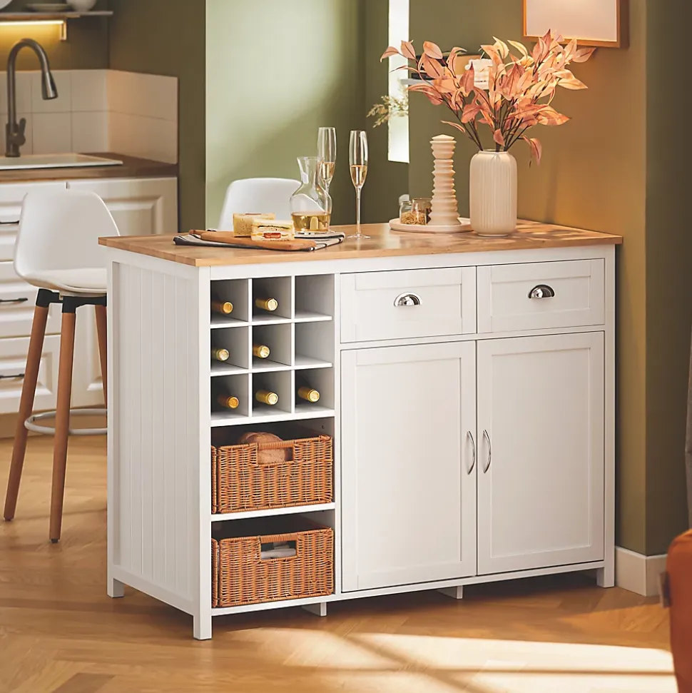 SoBuy îlot central de cuisine avec porte-bouteilles, 2 tiroirs, 2 portes et paniers en rotin