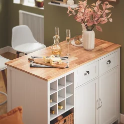 SoBuy îlot central de cuisine avec porte-bouteilles, 2 tiroirs, 2 portes et paniers en rotin