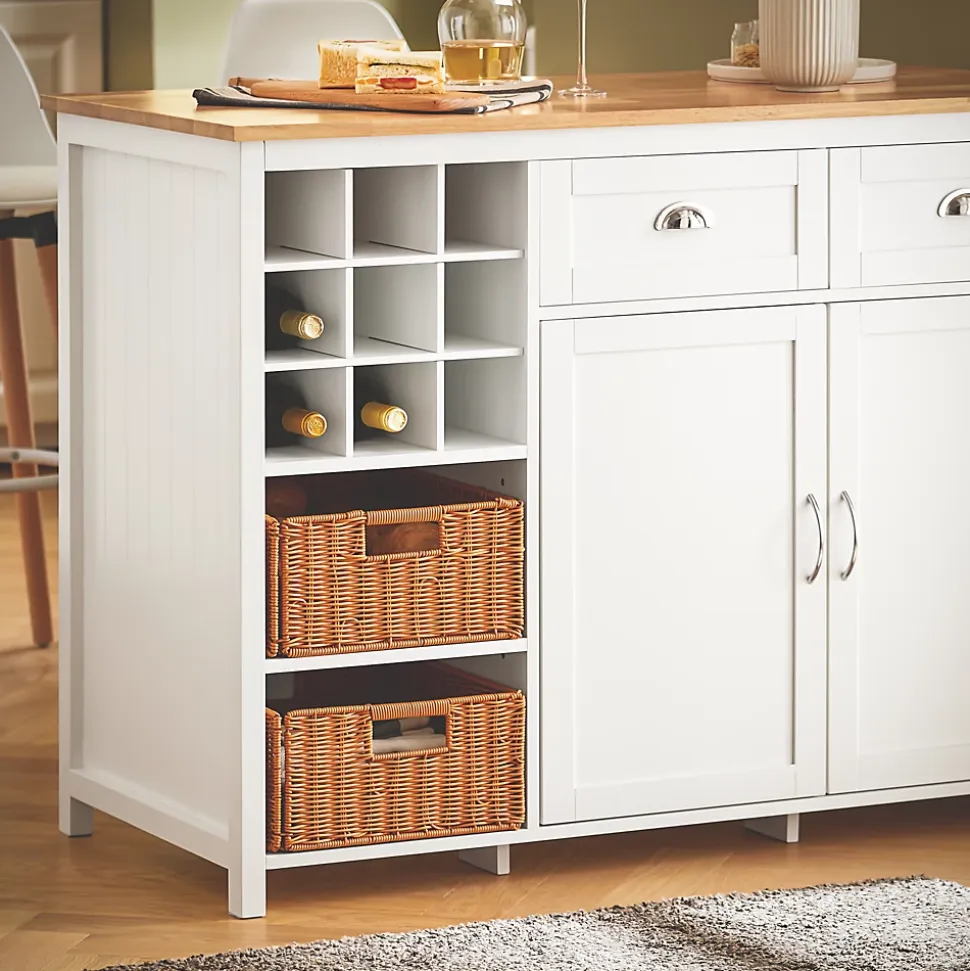 SoBuy îlot central de cuisine avec porte-bouteilles, 2 tiroirs, 2 portes et paniers en rotin