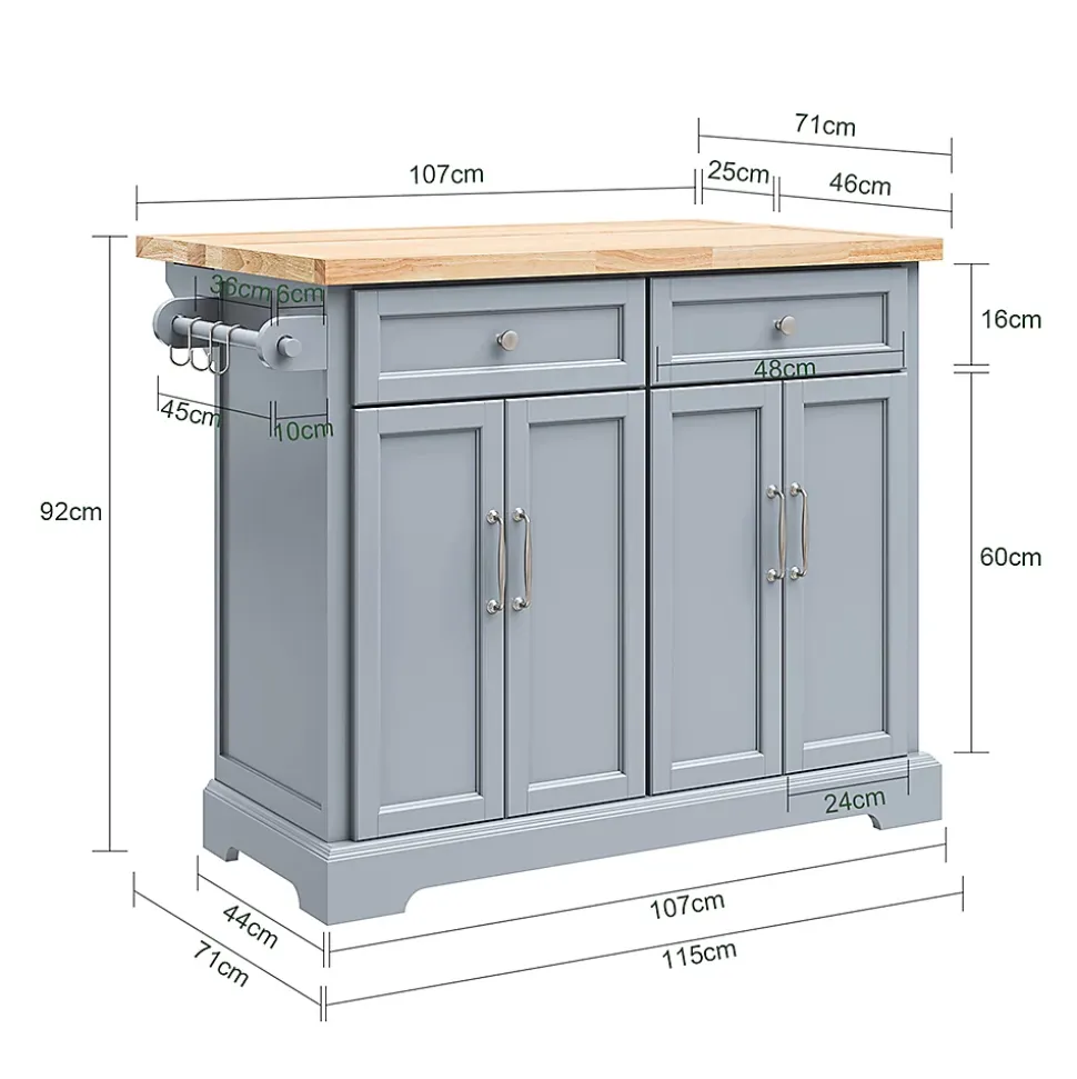 SoBuy Îlot de cuisine à 2 tiroirs Gris clair 115x71x92.5cm Fonctionnel FKW71-II-HG