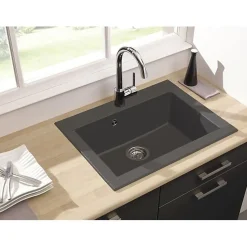 STRADOUR Evier cuisine a encastrer 1 bac sans egouttoir Hexo - Resine - 66 x 50 cm - Gris beton