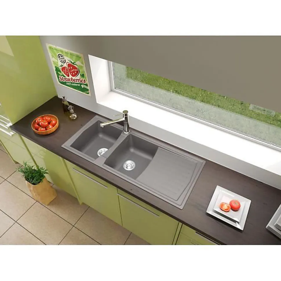 STRADOUR Evier cuisine a encastrer 2 bacs + 1 egouttoir Arena - Resine - 116 x 50 cm - Gris beton