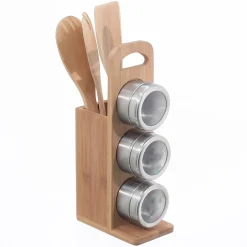 Support à épices 3 pièces et 3 ustensiles de cuisine - Bambou et acier inox