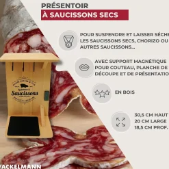 Support en bois pour saucisson sec avec crochets Fackelmann