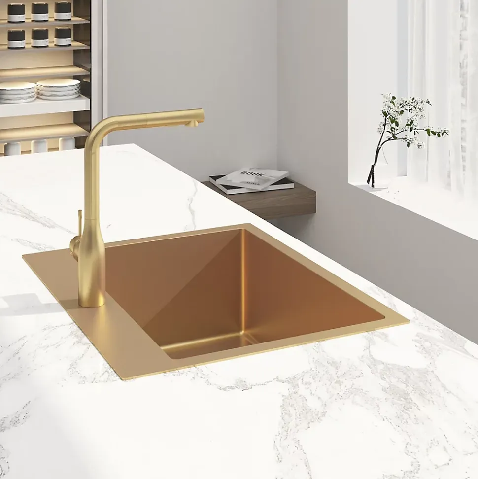 Swiss Aqua Technologies Aurum Évier de cuisine encastrable inox 304, 1 bac , 55x45x21 cm, Or brossé PVD