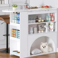 Table Bar Extensible 120(+80)x40x100cm, Plateau Marbre, Blanc