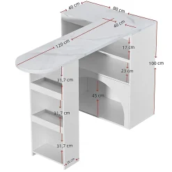 Table Bar Extensible 120(+80)x40x100cm, Plateau Marbre, Blanc