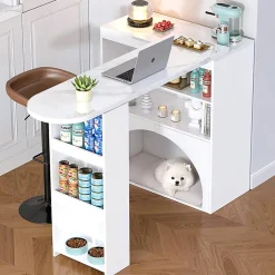 Table Bar Extensible 120(+80)x40x100cm, Plateau Marbre, Blanc