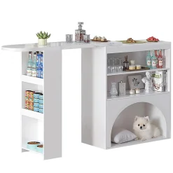 Table Bar Extensible 120(+80)x40x100cm, Plateau Marbre, Blanc