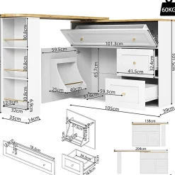 Table Bar Extensible 138-204x39x105cm, Îlot Cuisine, Blanc