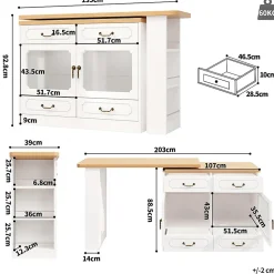 Table Bar Pivotante 135-203x39x92.8cm, LED, Blanc