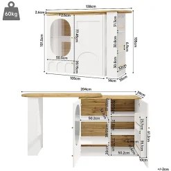 Table Bar Pivotante,138x39x102cm, 3 Portes, Blanc/Noir