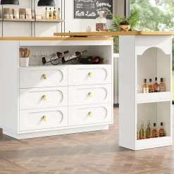 Table Bar Rotative 138-203cm, Roulettes, Tiroirs, Blanche