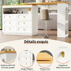 Table Bar Rotative 138-203cm, Roulettes, Tiroirs, Blanche