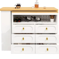 Table Bar Rotative 138-203cm, Roulettes, Tiroirs, Blanche