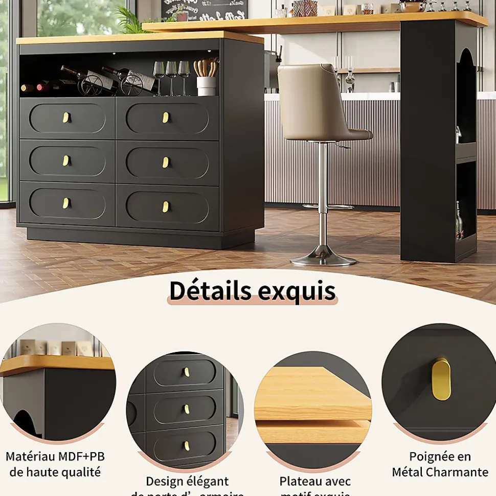 Table Bar Rotative 138-203cm, Roulettes, Tiroirs, Noir