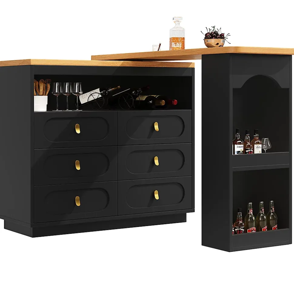 Table Bar Rotative 138-203cm, Roulettes, Tiroirs, Noir